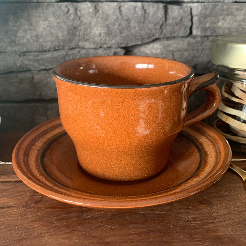 Franciscan cups. Set of six brown tea cups and saucers.